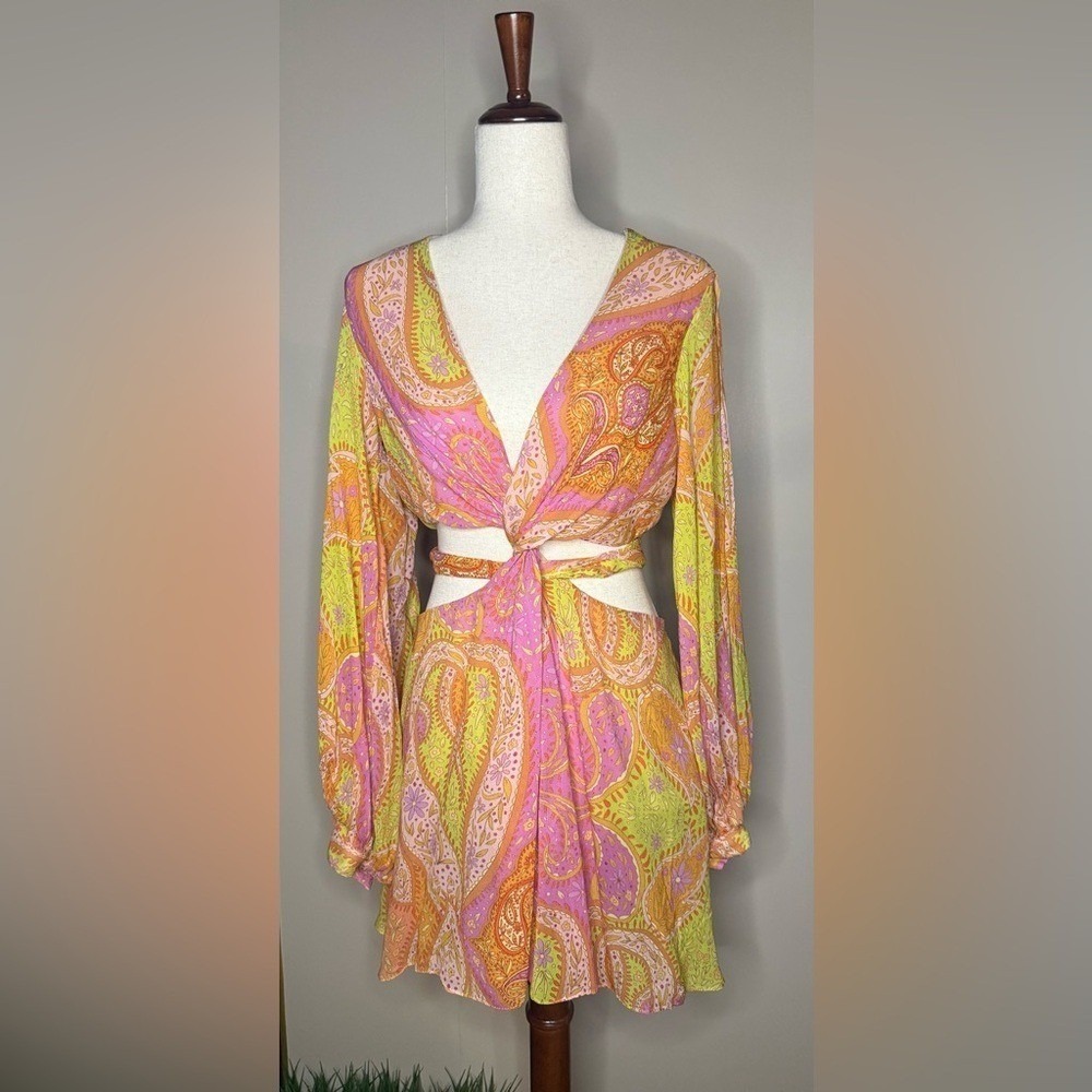Zara Paisley Cutout Mini Dress NWT‎ Boho Festival Y2K Balloon Sleeve S - Picture 2 of 10